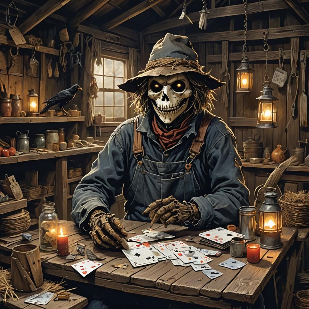 Scarecrow Playing Cards in Mystical Barn, Matte Painting