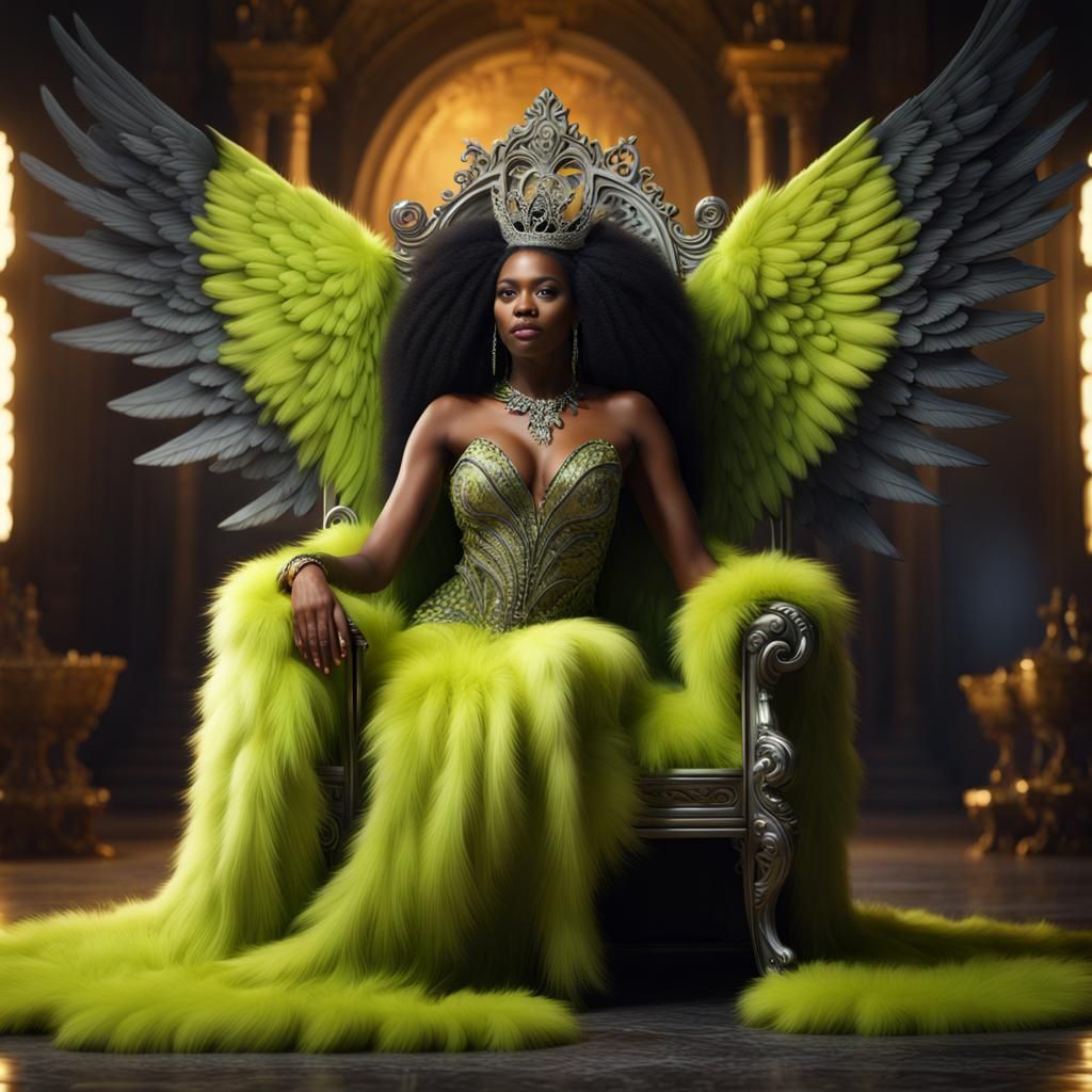 Black Woman with Wings on Fur Throne, Detailed Matte Paintin...