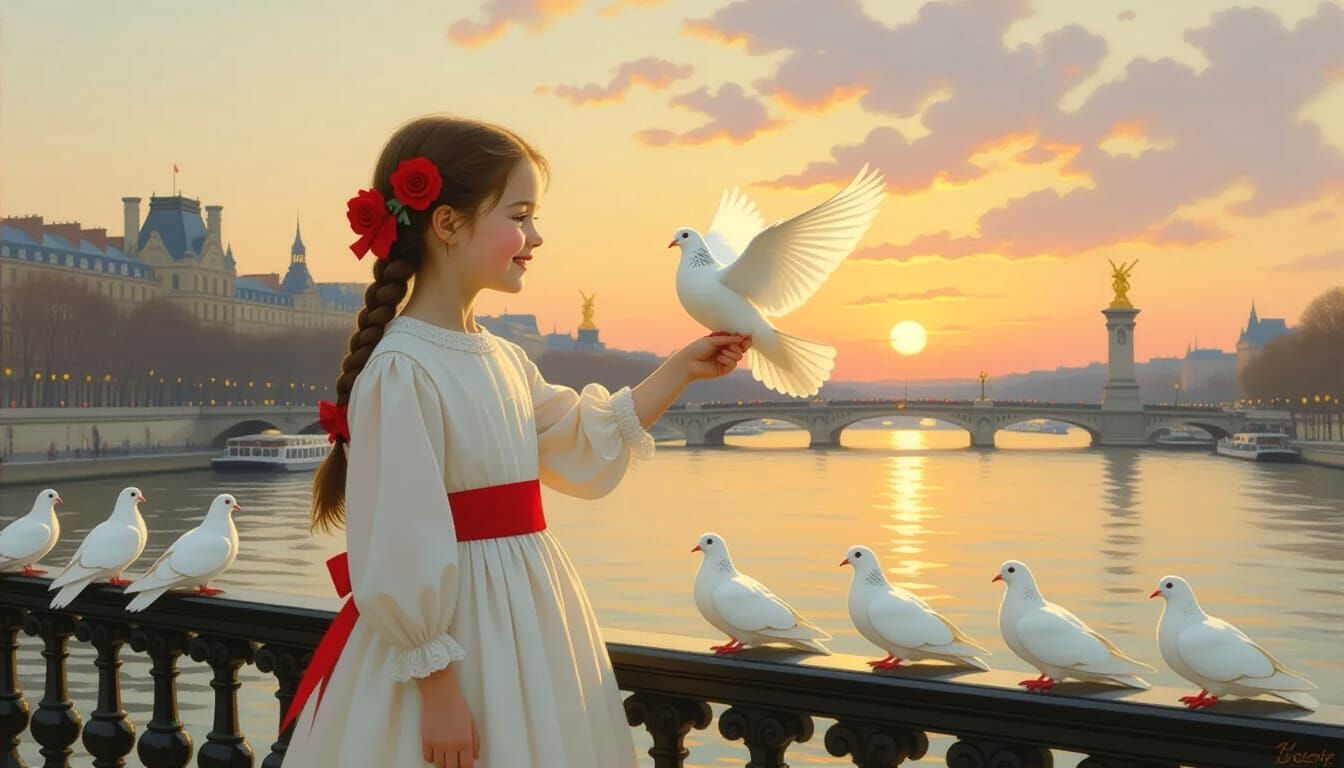 Girl with Dove at Quai d'Orsay Sunset