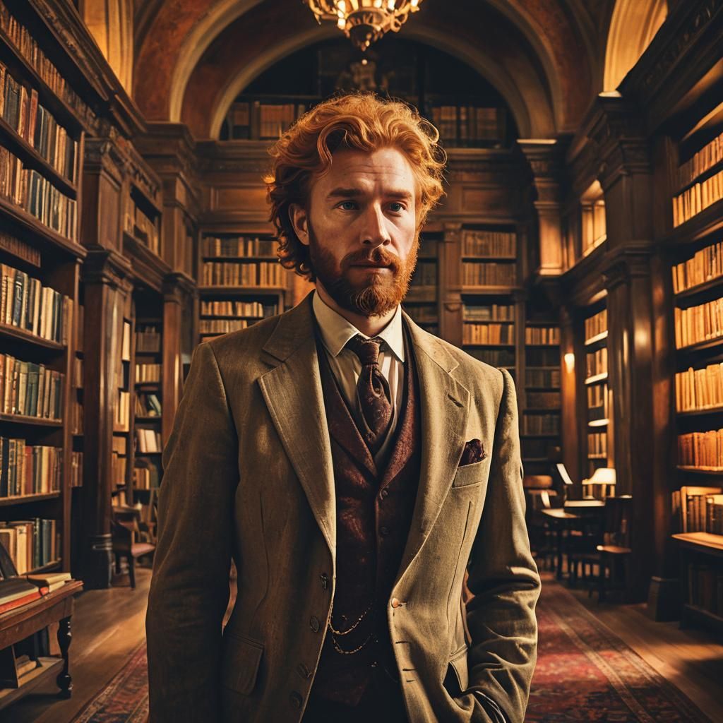 Ginger Man in Library, Rembrandt-Style Oil Painting