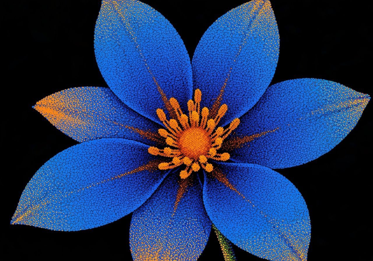 Pointillist Flower with Blue Petals and Orange Center