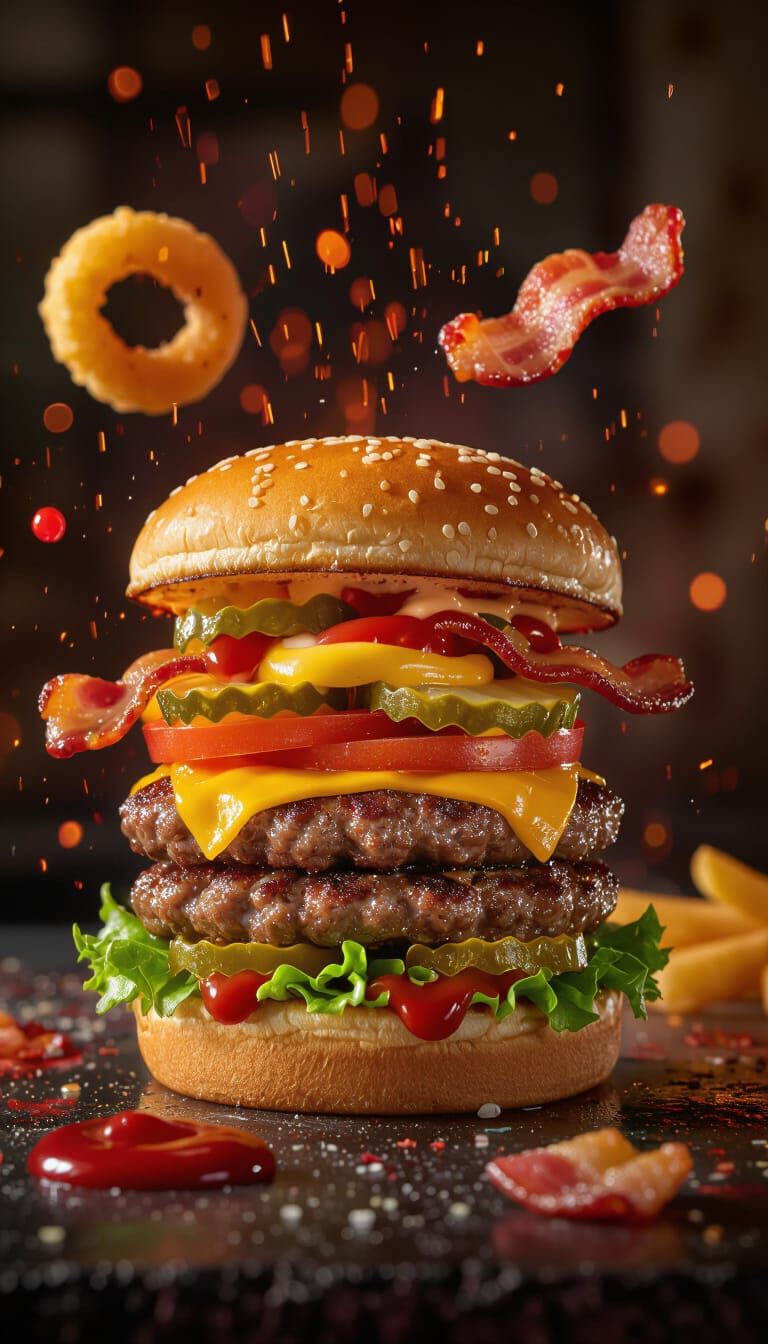 Exploding Cheeseburger Assembly in Dramatic Lighting
