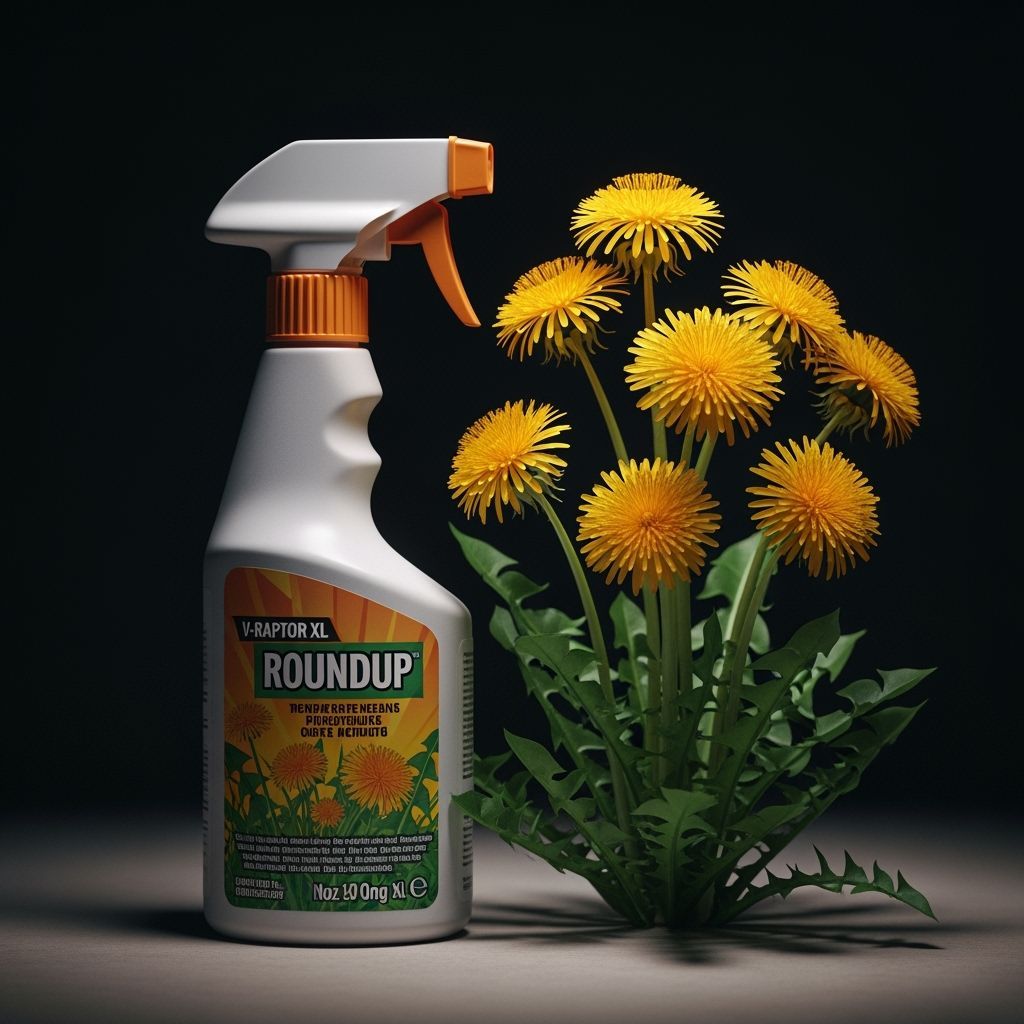 Roundup Bottle Beside Blooming Dandelion, Cinematic Film Sti...
