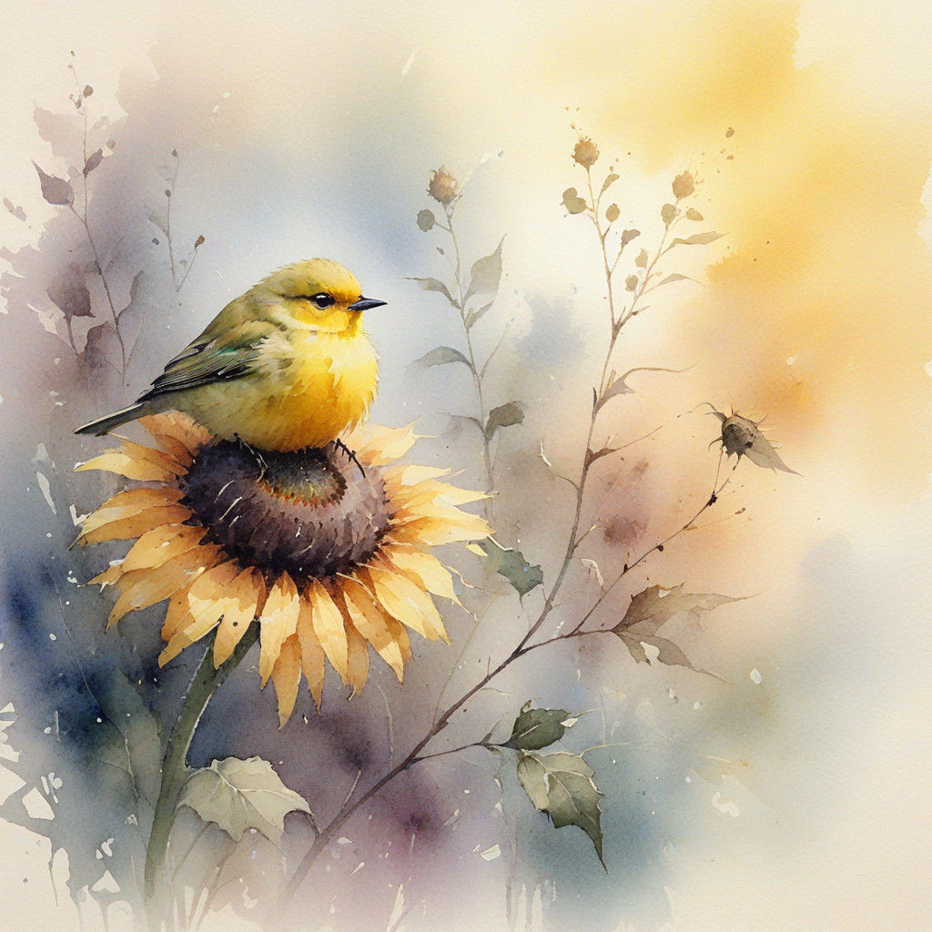 A cute little bird perched on a sunflower on a foggy day