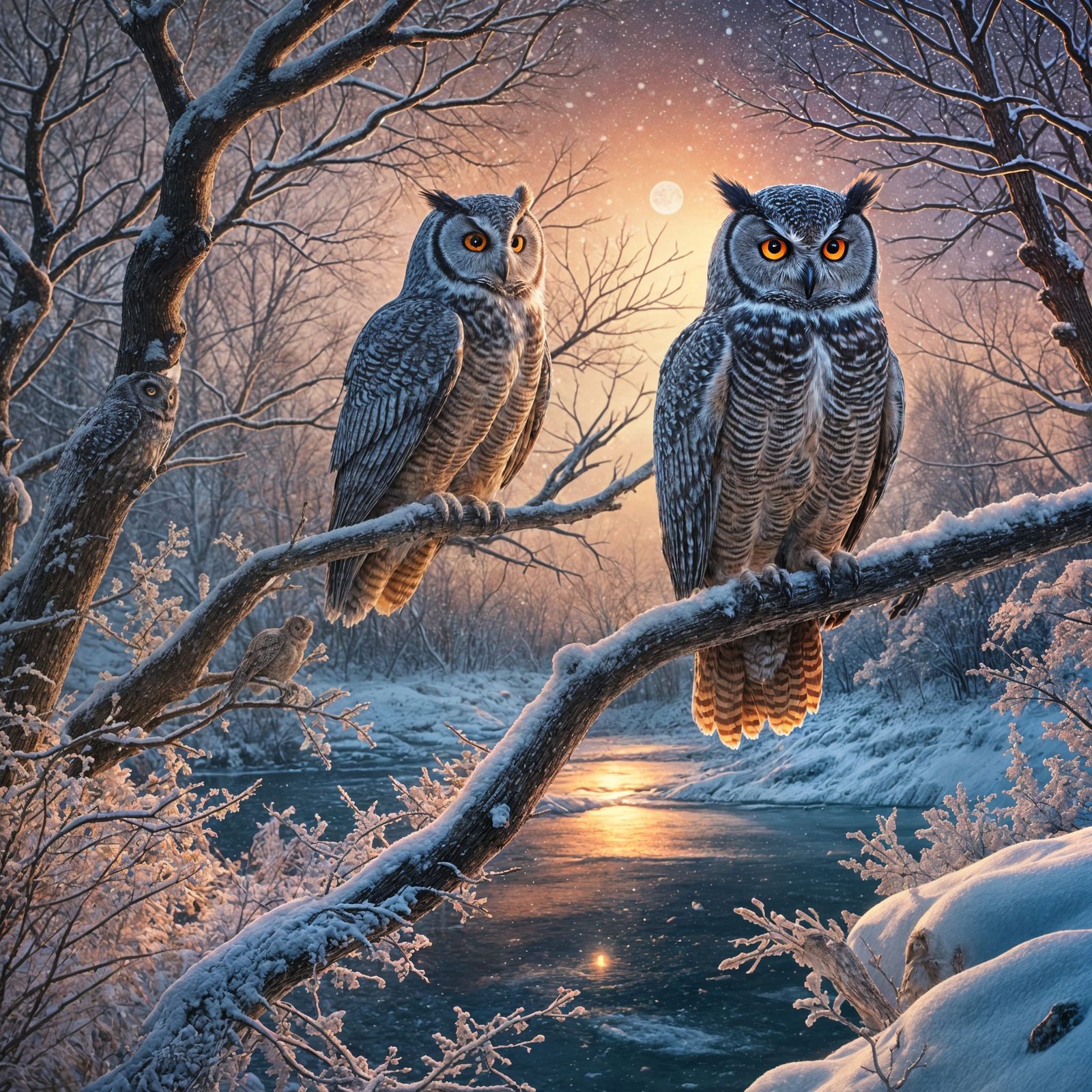 Astral Owls over Frozen River at Sunset
