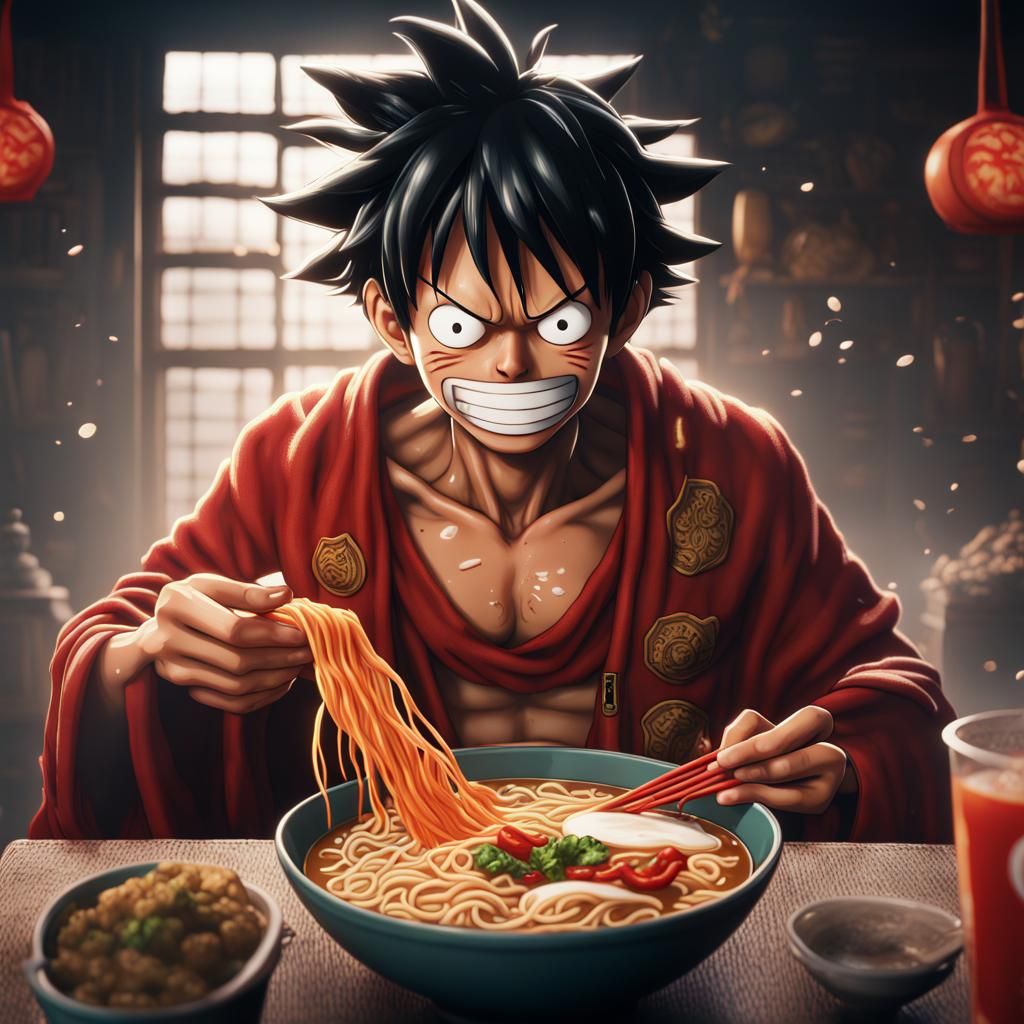 Asian Luffy Eating Ramen: Detailed Matte Painting