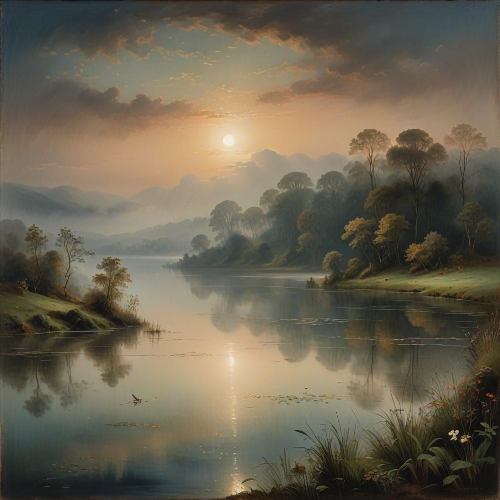 Misty Moonlit Lake Landscape in Romantic Style