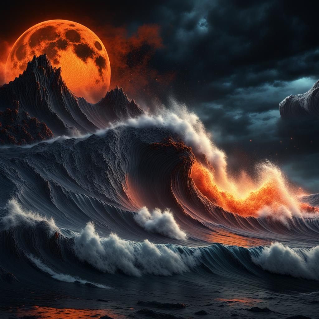 Hellish Tsunami Under Black Moon: Fantasy Matte Painting