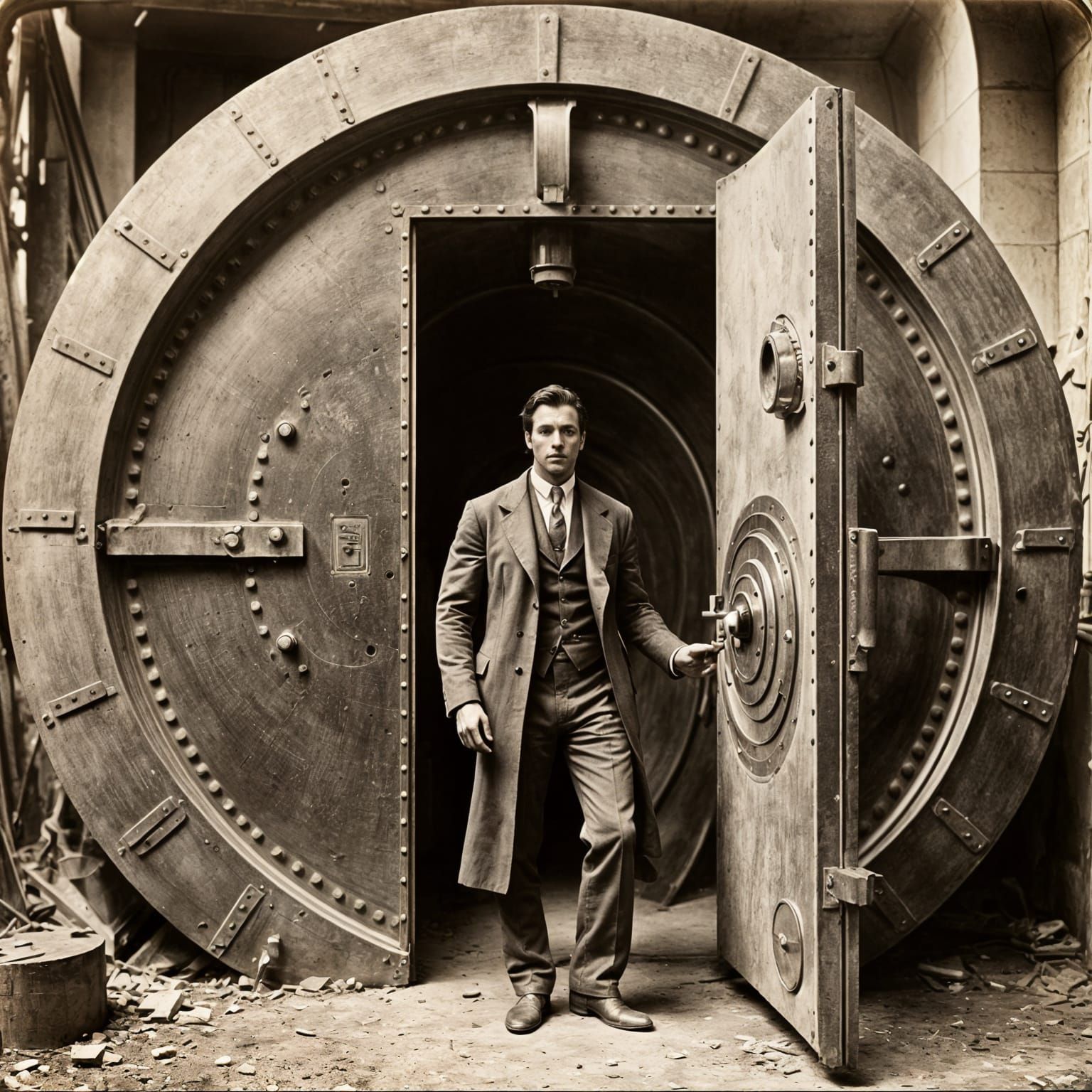 Hero Dodging Lasers in Futuristic Vault: Old Photo Portrait