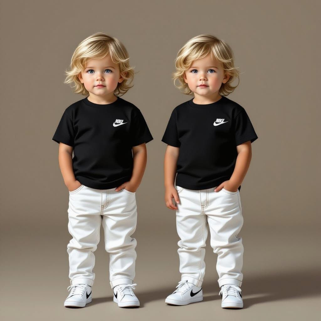 Twin Children in Casual Wear, Painterly Digital Art