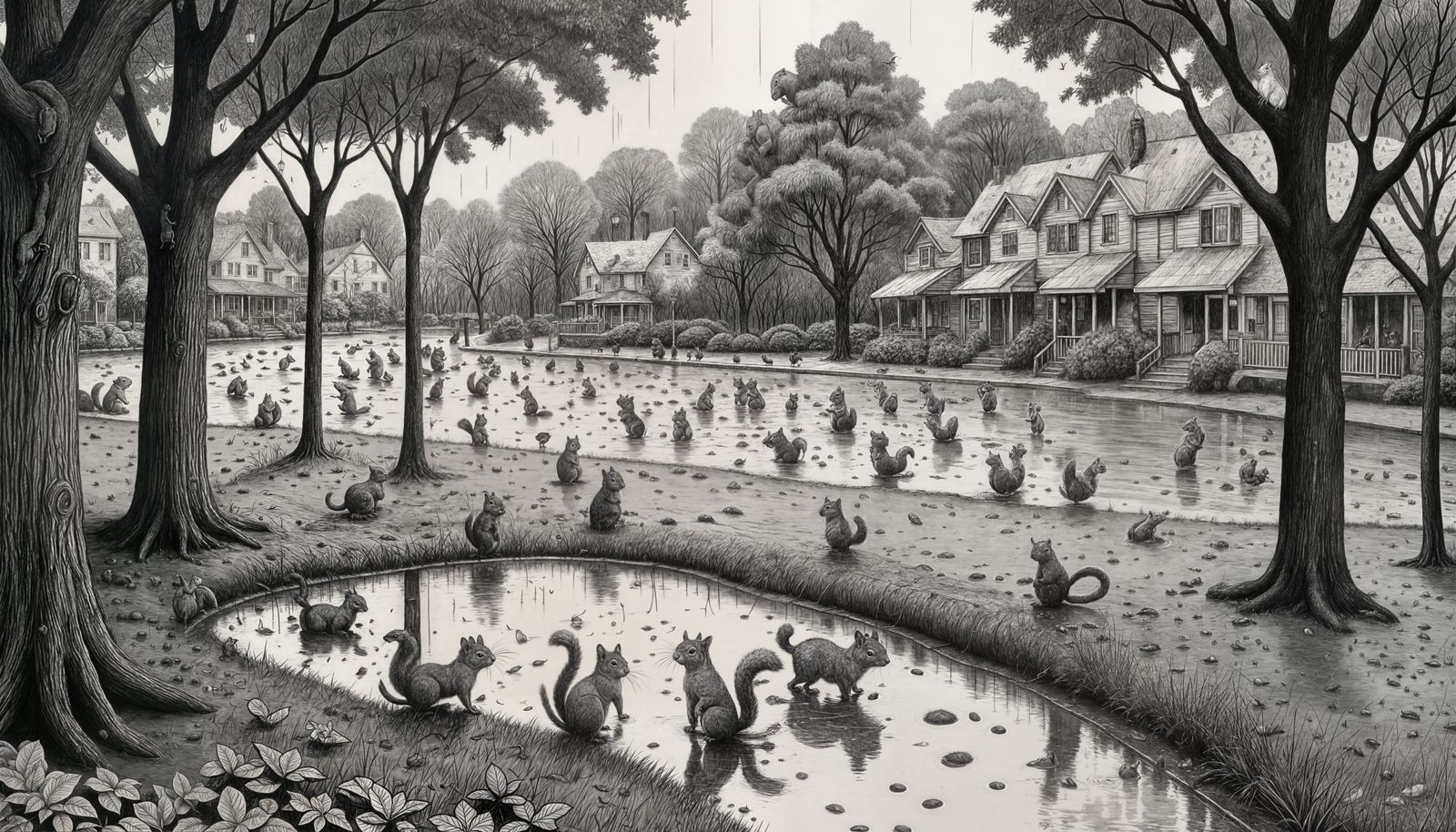 Humorous Park Scene with Squirrel Rain, Pen Drawing