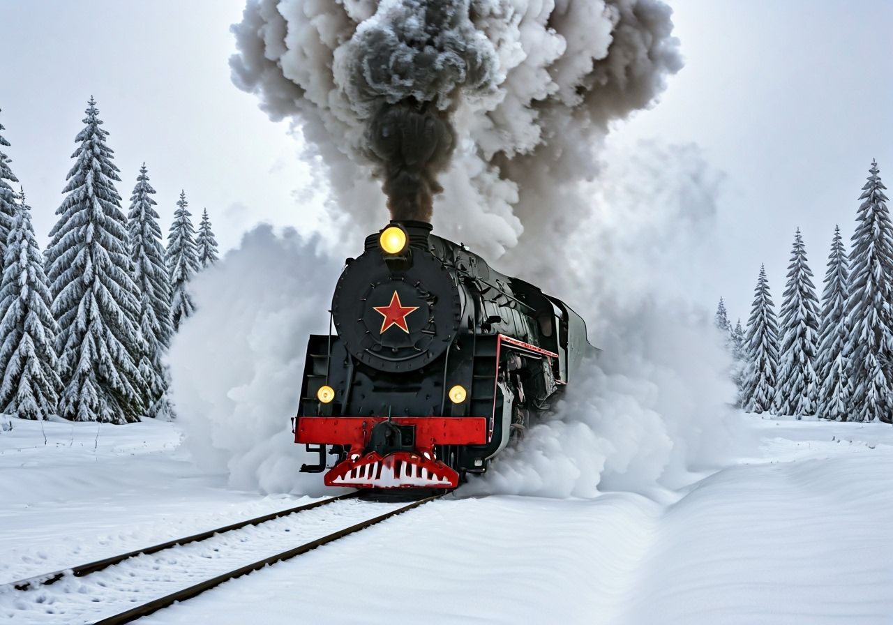 Green Steam Locomotive Powers Through Snowy Forest