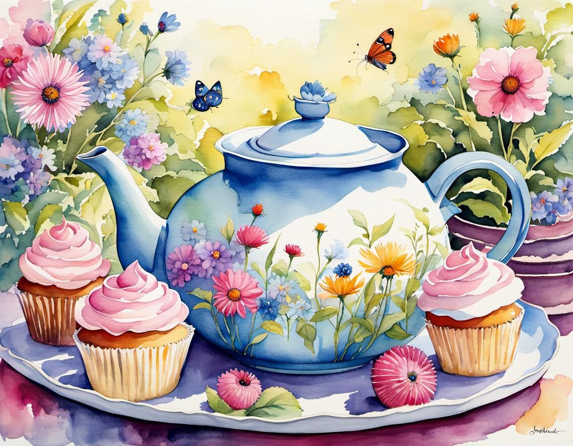Whimsical Teapot Garden Party in Watercolor Style