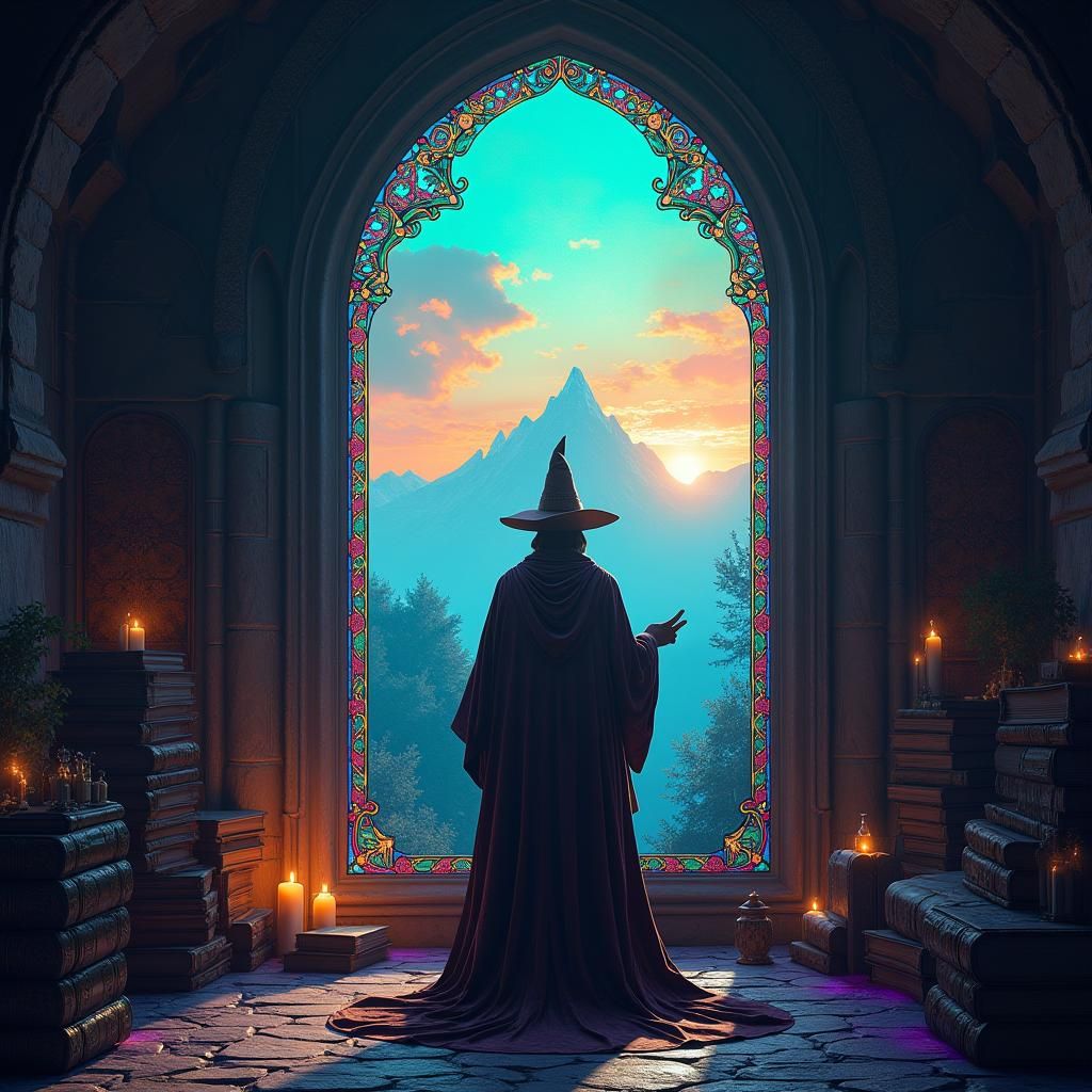 Mystical Wizard Gazing at Fantasy Landscape