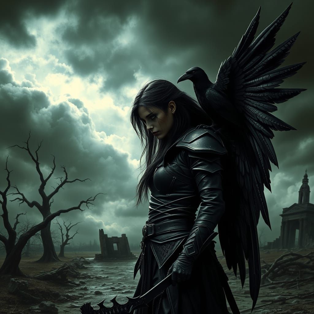 Dark Angel with Raven in Gothic Wasteland