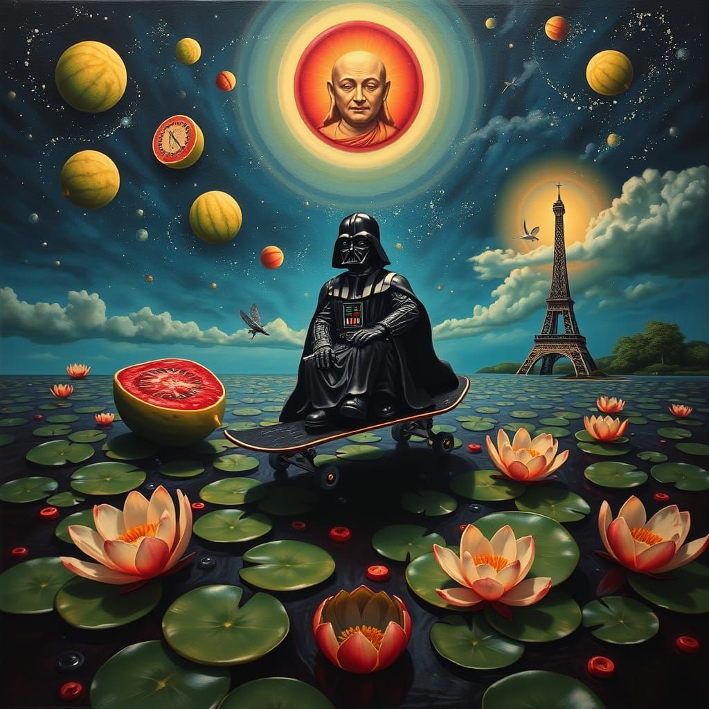 Surreal Dreamscape with Watermelons, Buddha, and Darth Vader