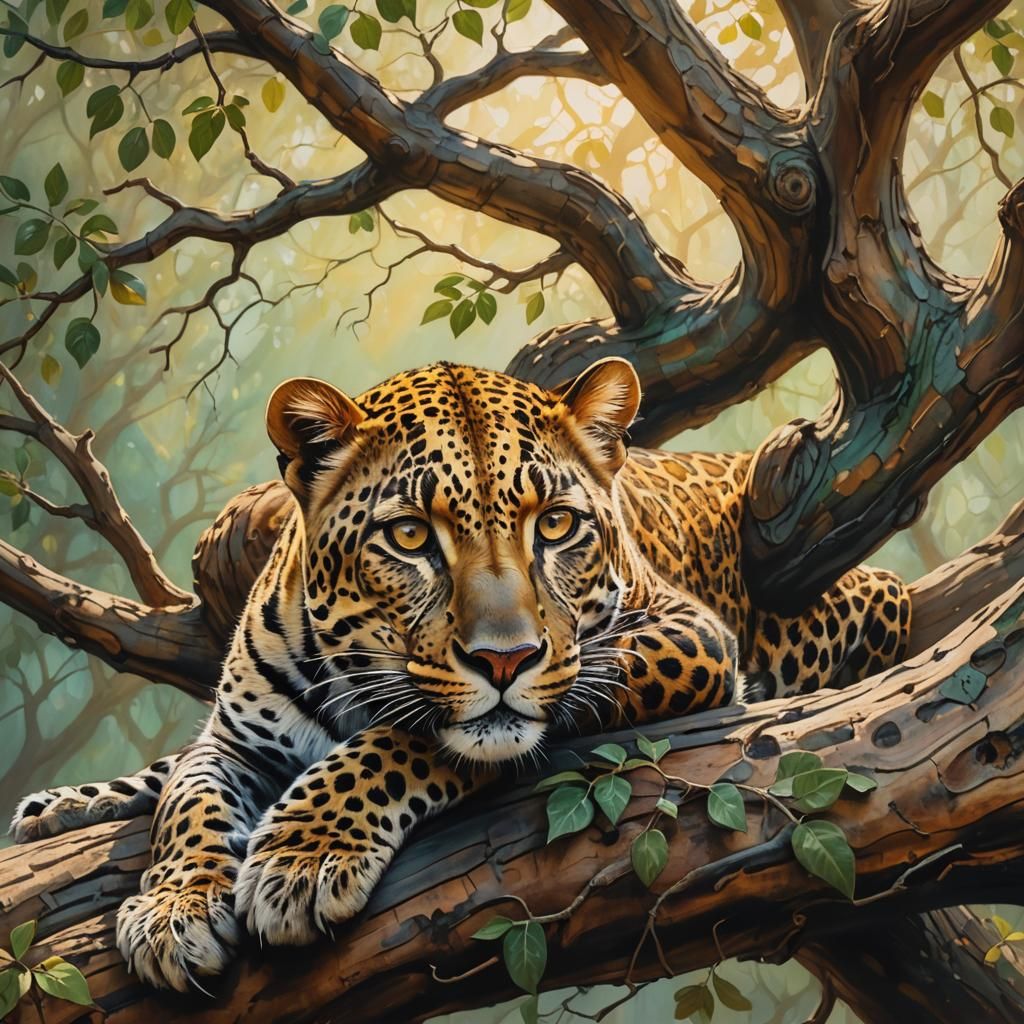 Leopard Lounging on Ancient Tree: Vibrant Oil Painting