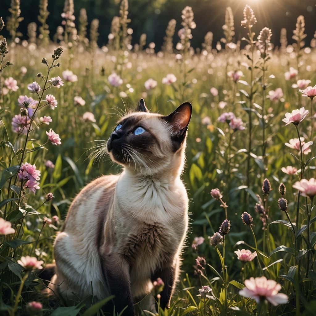 Siamese Cat in Meadow of Dancing Flowers