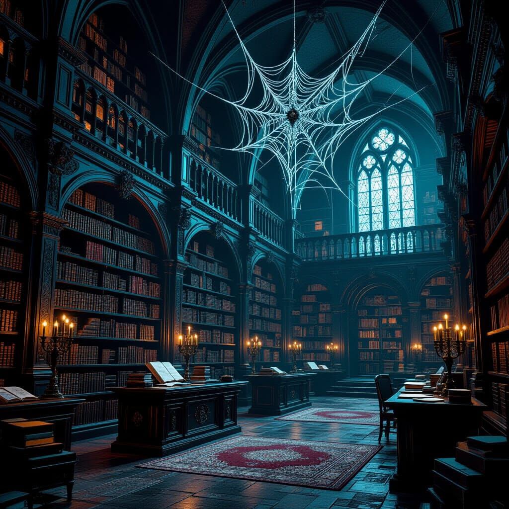 Gothic Castle Library Covered in Dew-Kissed Spider Webs