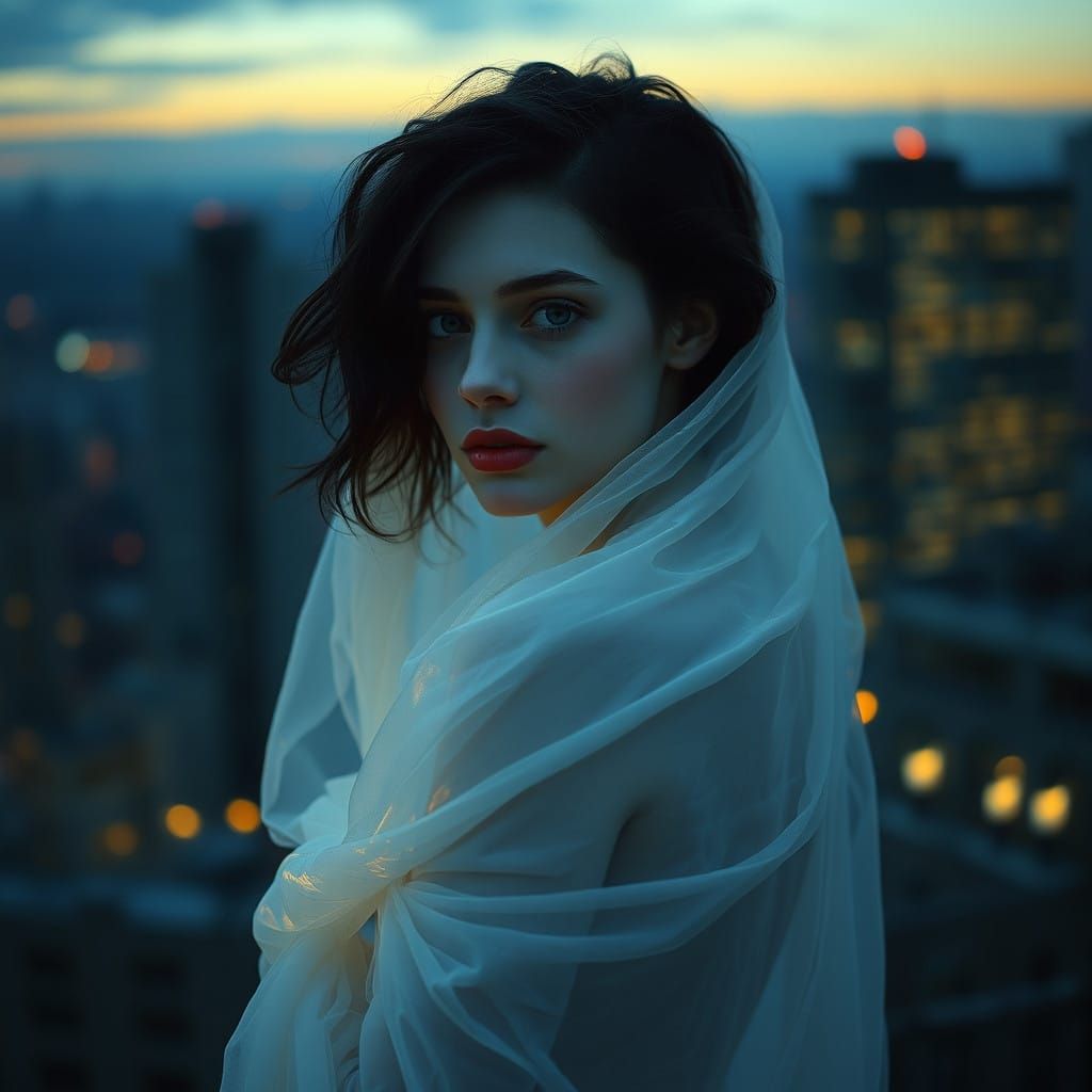 Ethereal Vampire Woman Against Dark Urban Landscape