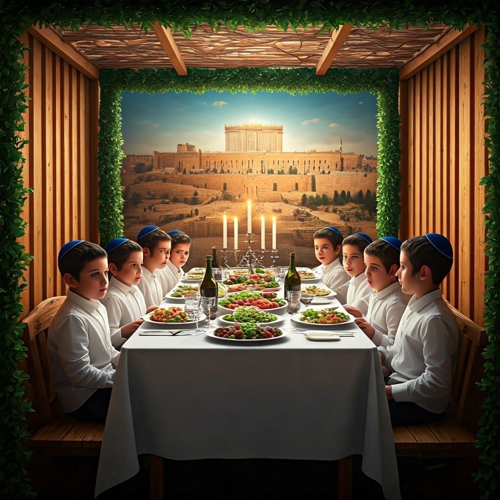 Festive Sukkah Celebration with Children, Digital Matte Pain...