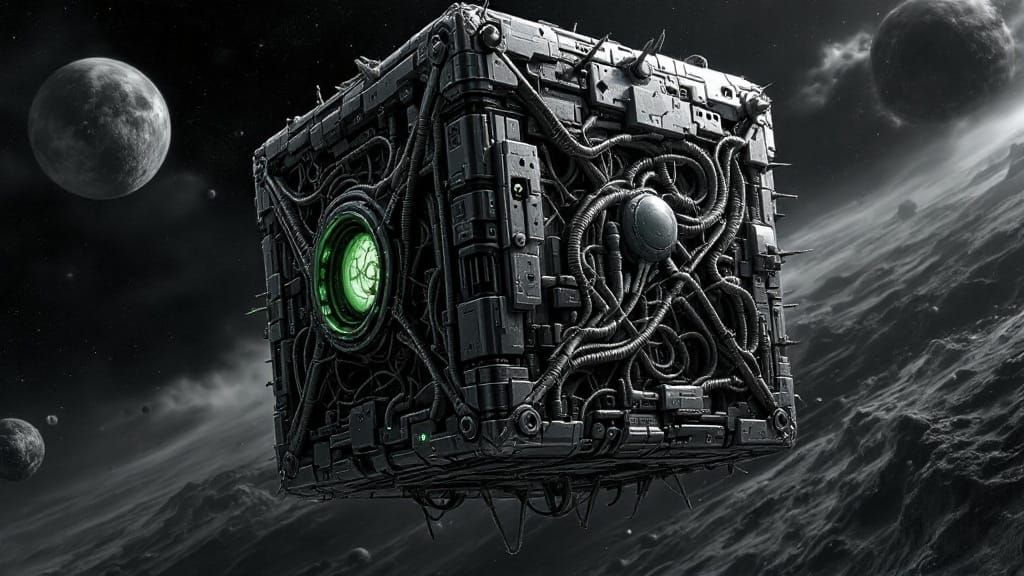 Biomechanical Borg Cube in Dark Monochromatic Horror Style
