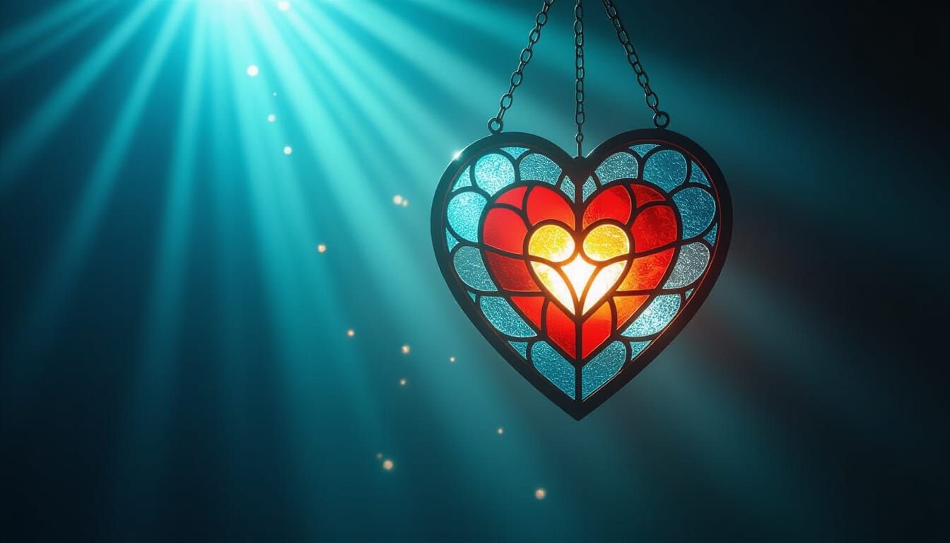 Glowing Heart Stained Glass Window in Darkness