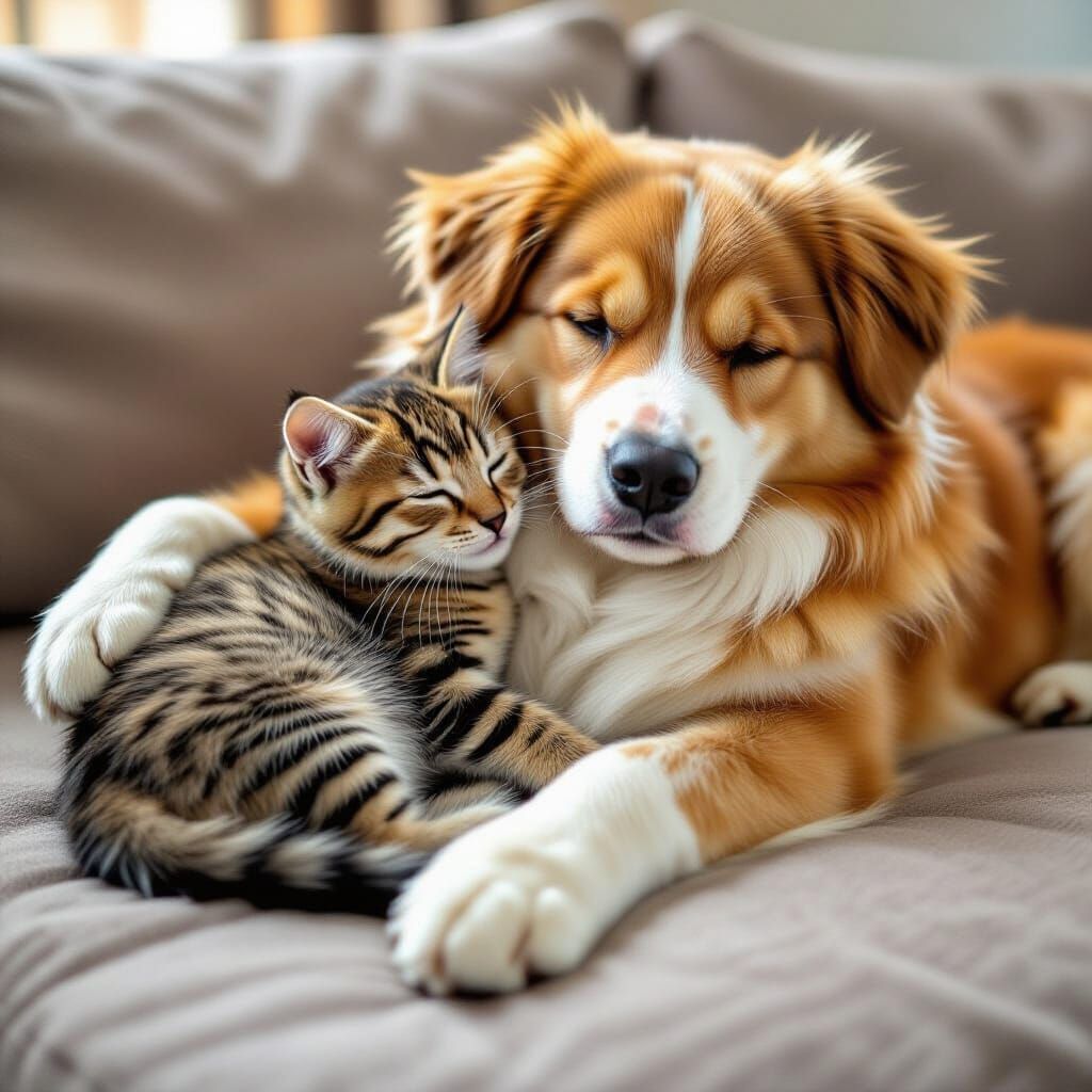 Kitten Hugs Fluffy Dog on Sofa