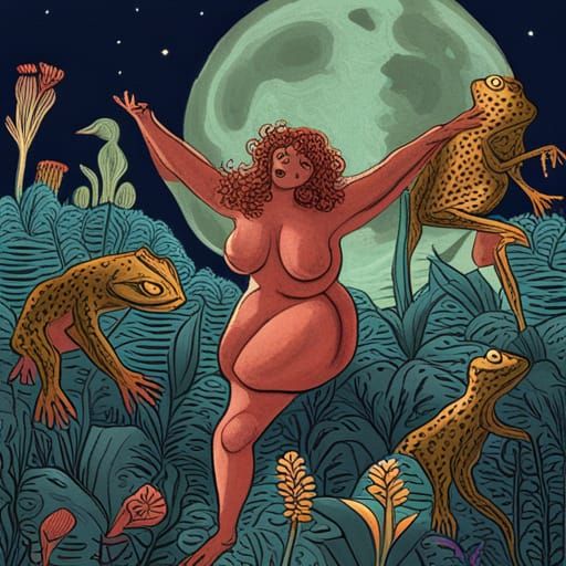 Redhead Frog Woman's Wild Swamp Dance: Vintage Drawing