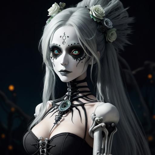 Biomechanical Beauty with Silver Hair and Flowers