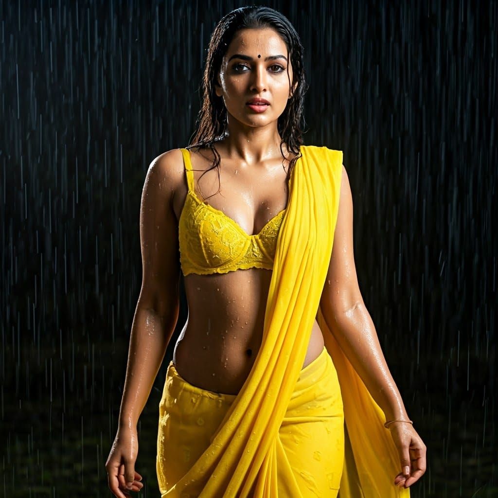 Sensual Indian Goddess in Yellow Chiffon Saree, Drenched in....