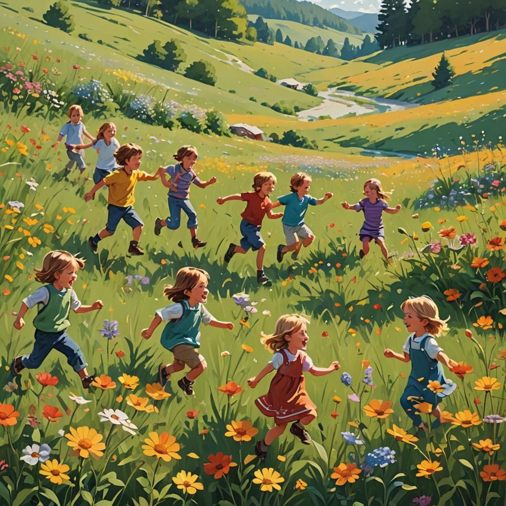 Children Playing in Sunny Meadow Landscape