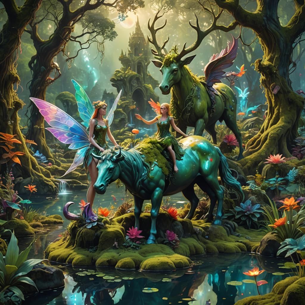 Magical Pond Scene with Fairy and Centaur