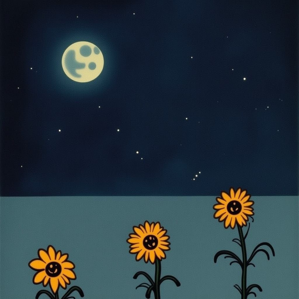 Moonlit Sunflowers in Dreamlike Landscape