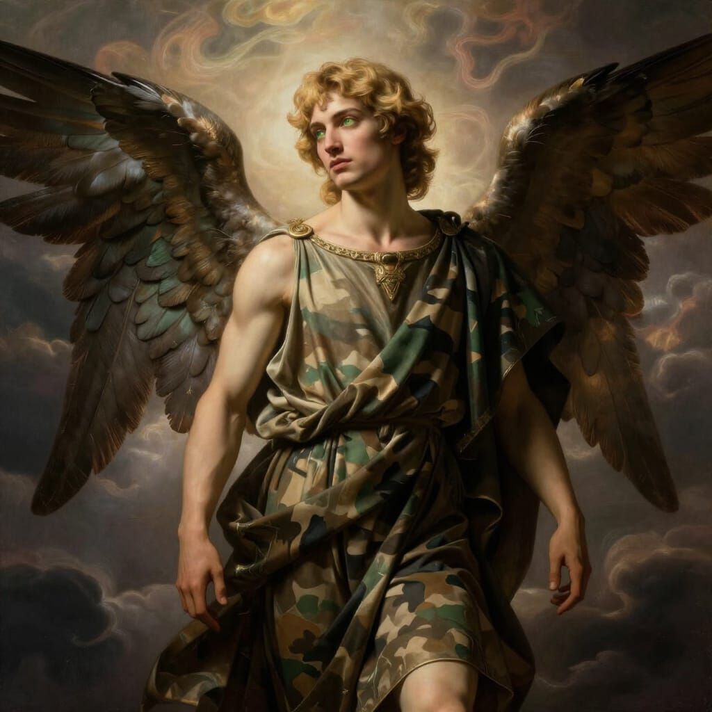 Blonde Angel in Camouflage Toga, Baroque Style