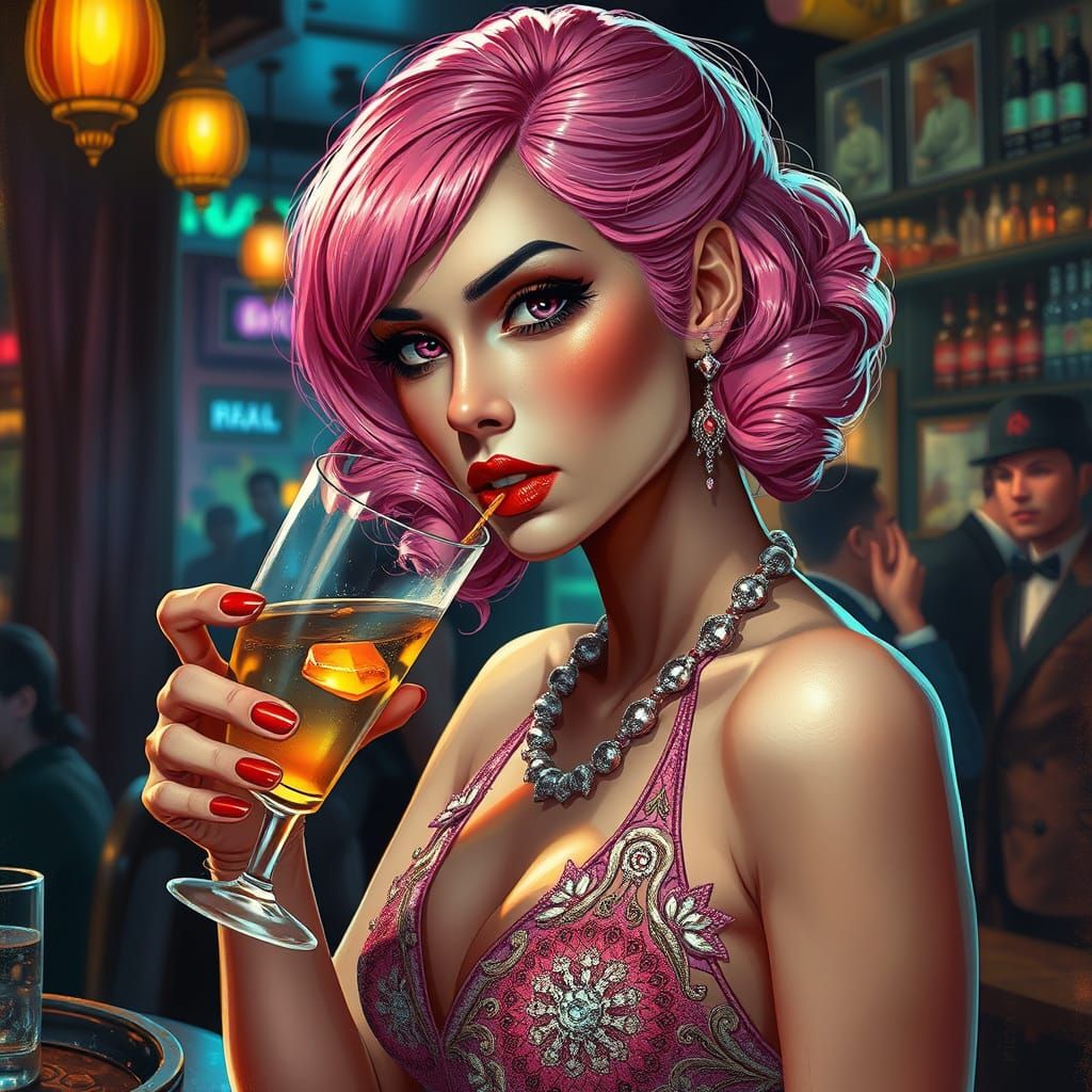 Flapper Sipping Drink in 1920s Speakeasy, Alcohol Ink Style