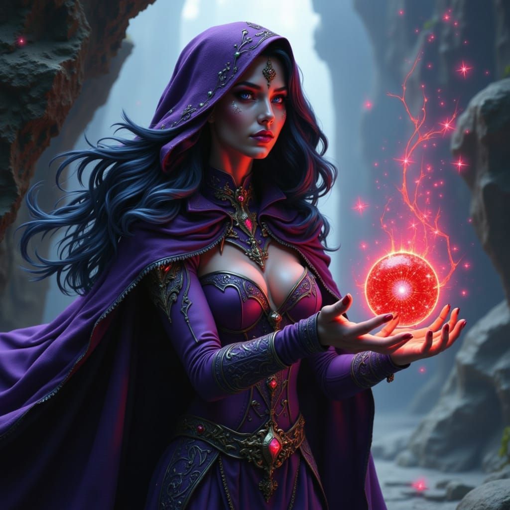 Enchanted Sorceress in Dark Purple Regalia with Shimmering S...