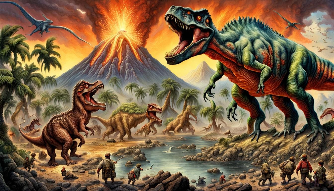 Prehistoric Dinosaurs in a Volcanic Landscape