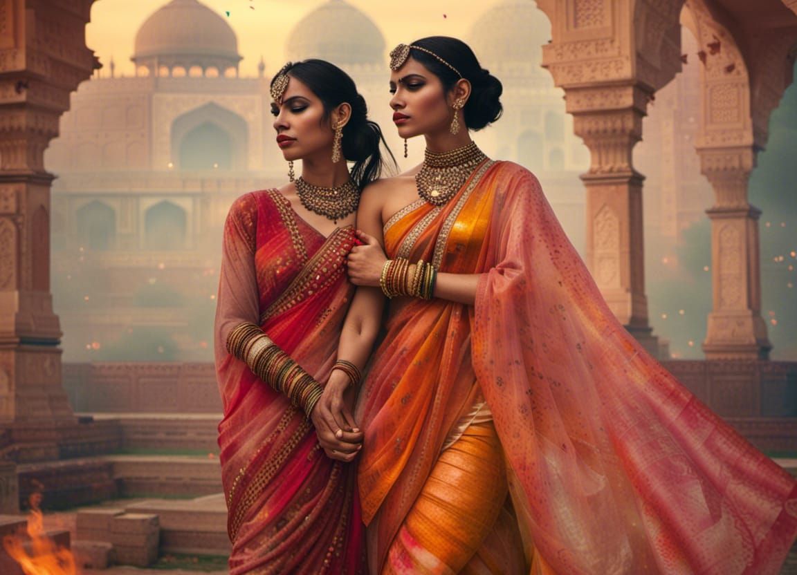 16k resolution, Indian lesbian couple adorned in vibrant silk wedding sarees, Humayun's Tomb in New Delhi, Panigrahana r...
