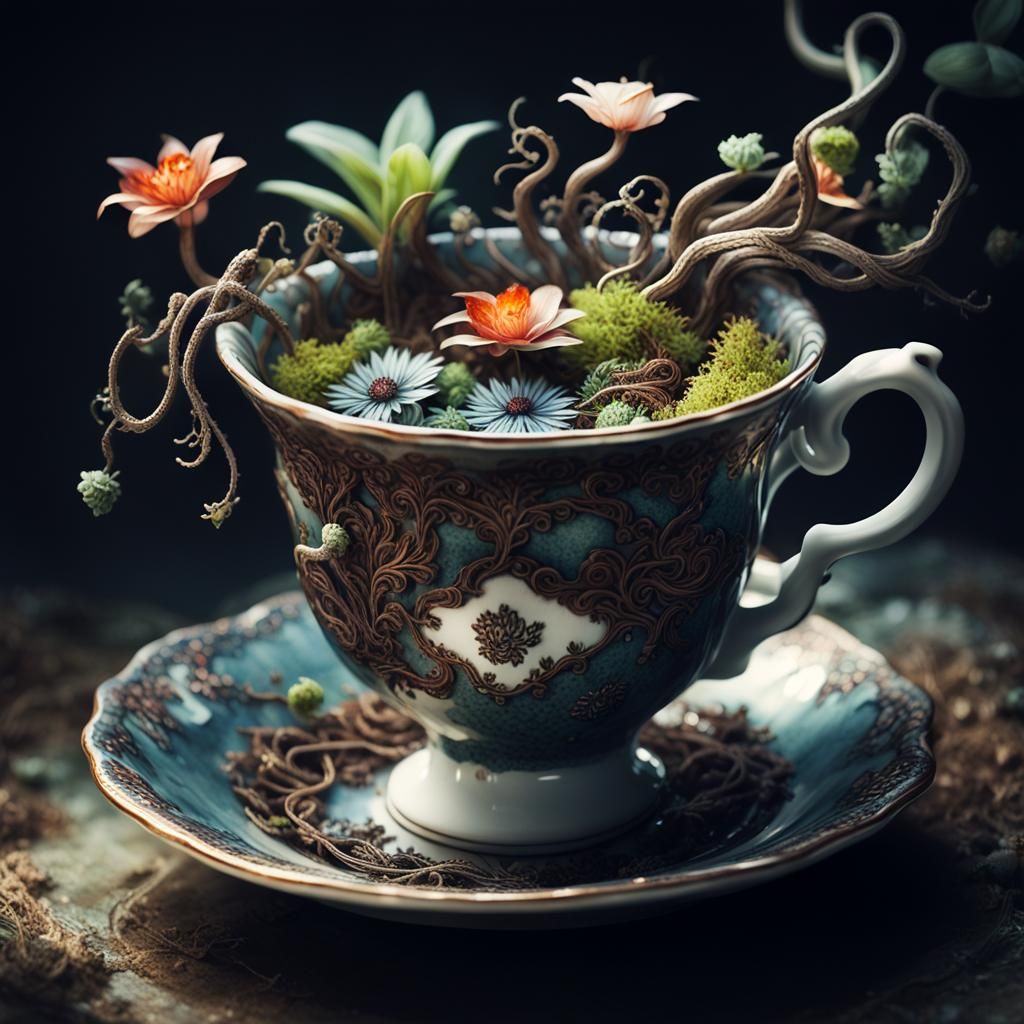 Teacup Overflowing with Miniature Plants in Dark Fantasy Sty...
