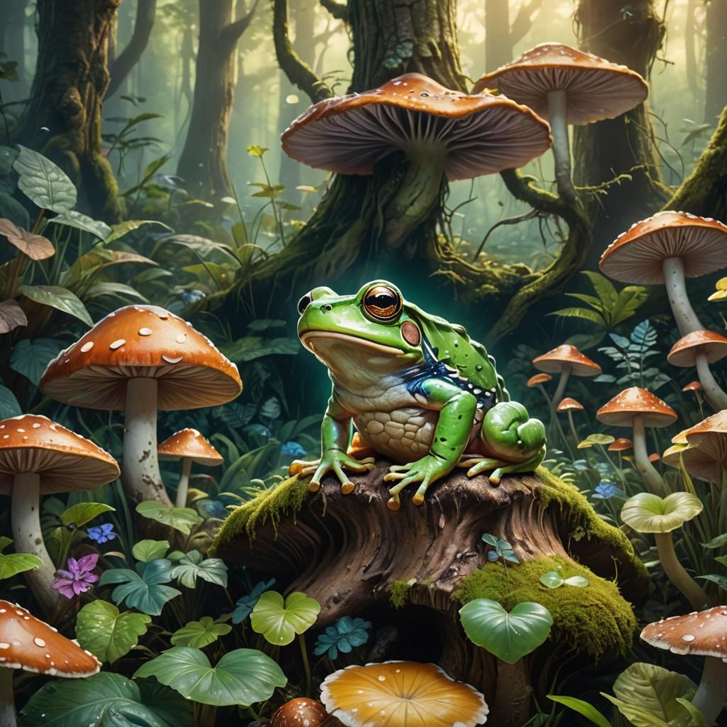 Cute Frog on Mushroom in Magical Forest