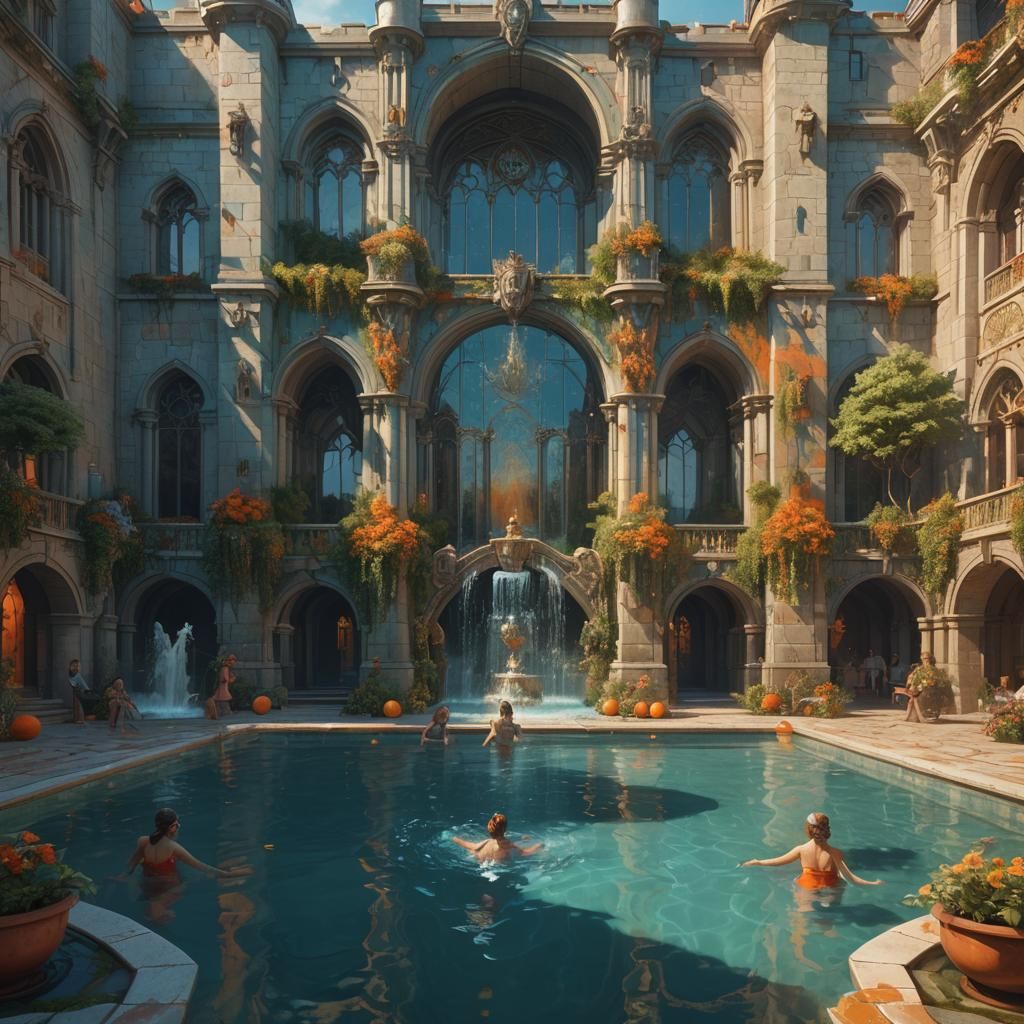 Queen and Maiden Enjoying Castle Pool