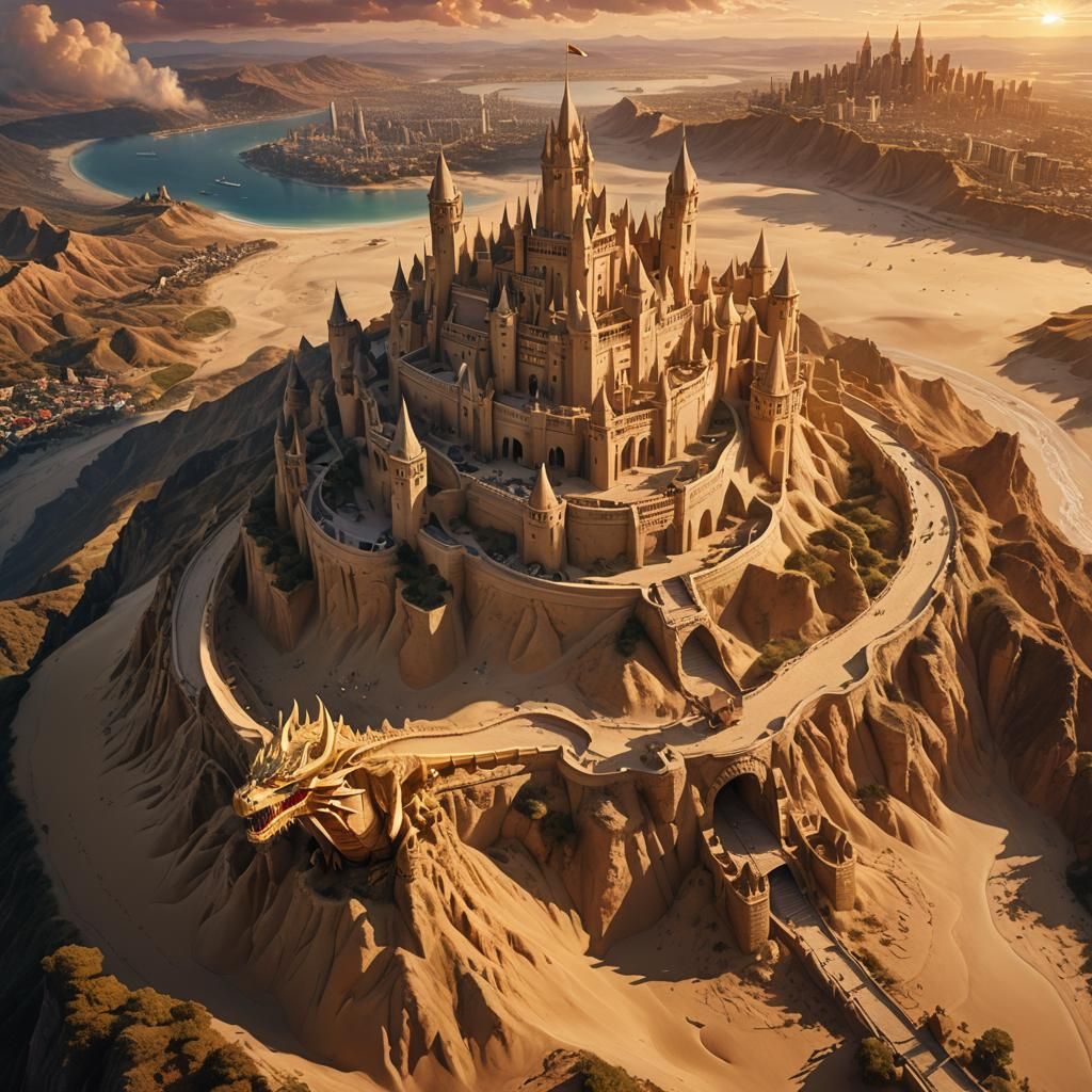 Majestic Sand City at Sunset: Digital Matte Painting
