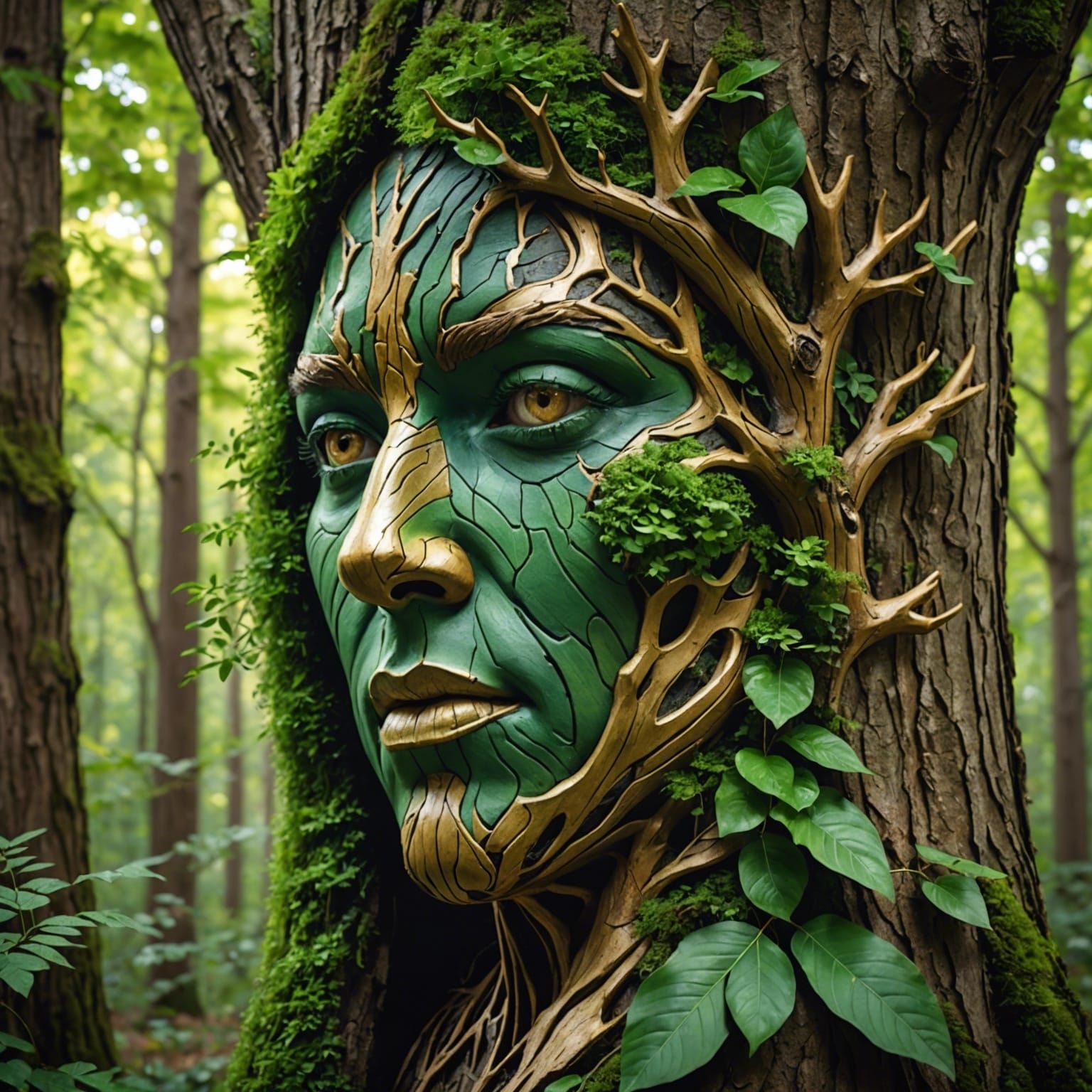 Mystical Tree Faces in a Glimmering Forest