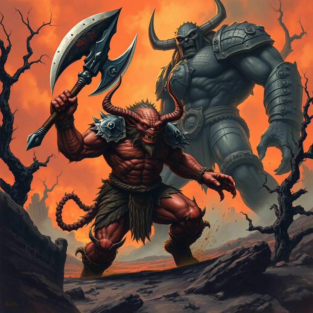 Ogre Demon Battles Giant in Wasteland, Frazetta Style