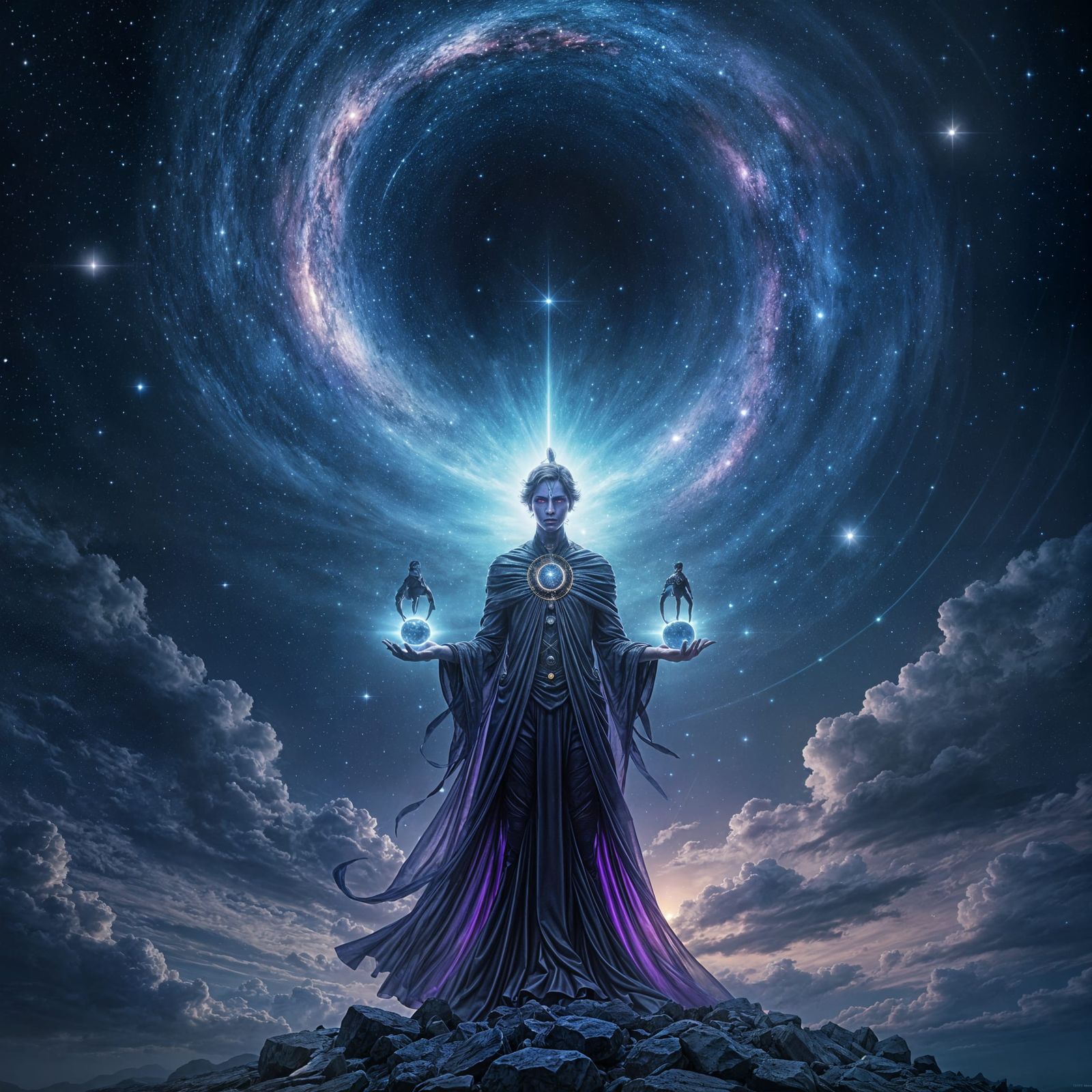 Ethereal Hero Holds Celestial Bodies