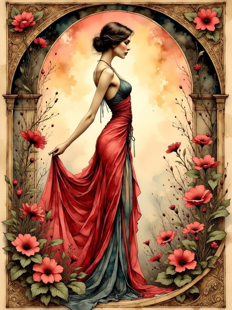 Elegant Art Nouveau Woman in Alphonse Mucha Style