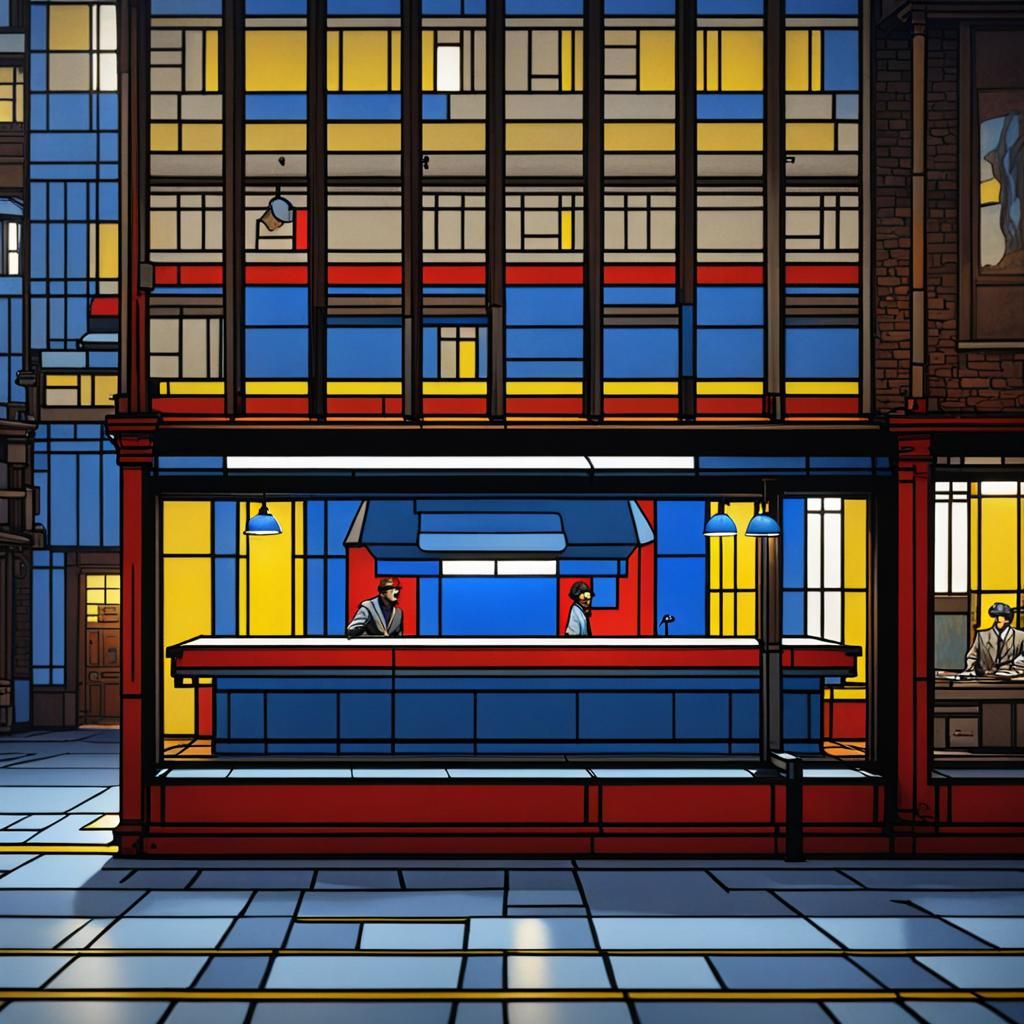 Nighthawks in a Mondrian Inspired Style