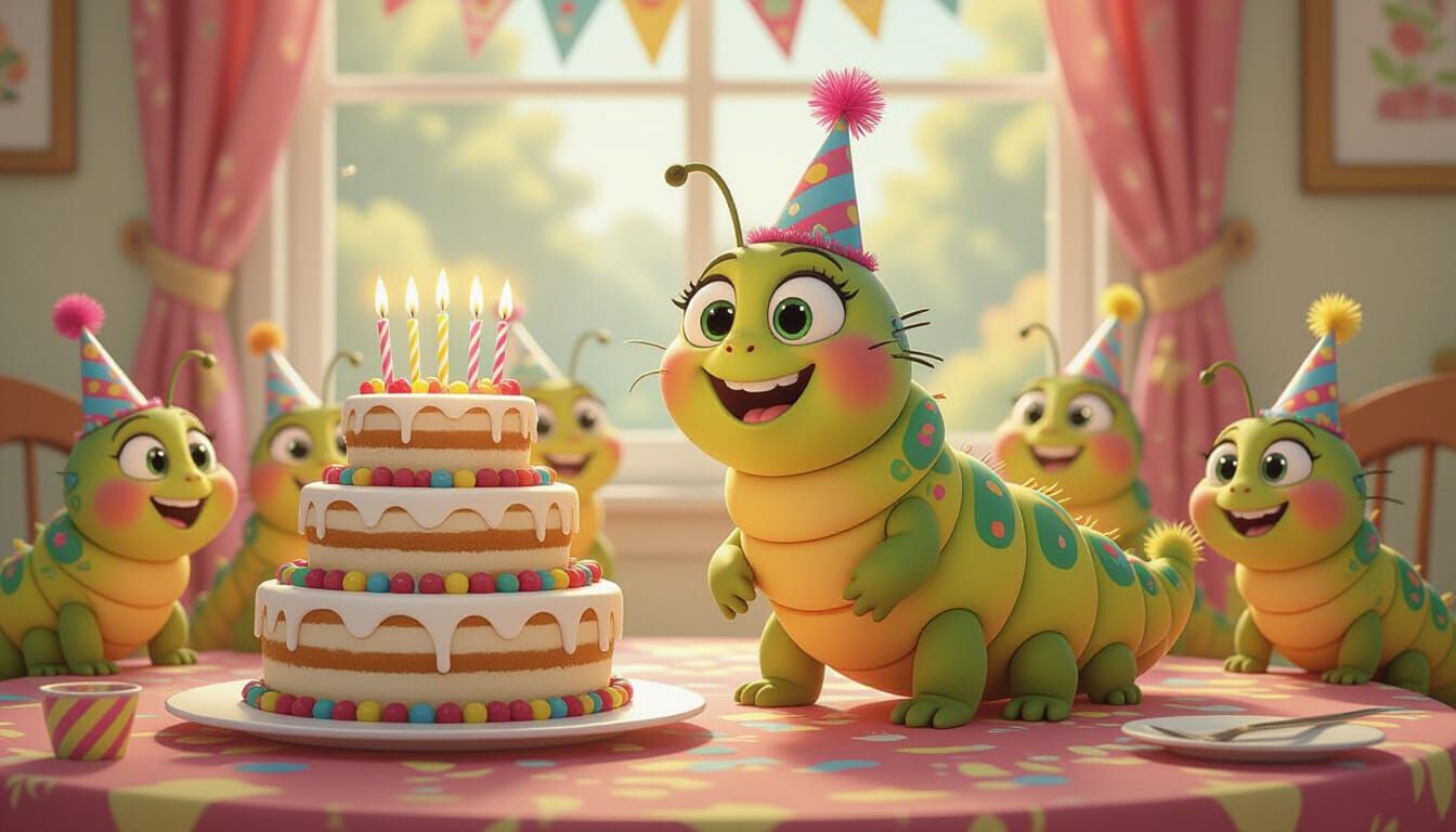 Caterpillar's Joyful Birthday Party in Cartoon Style