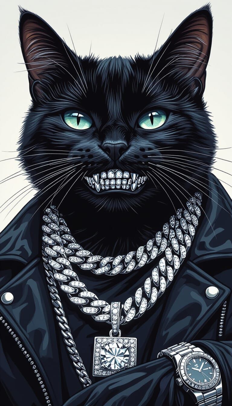 Cat with Diamond Grillz and Jewelry in Dark Style